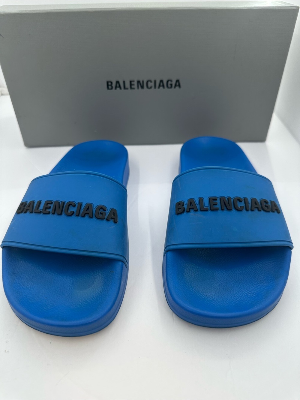 Balenciaga Pool Slide Sandals Screen Blue Black Logo Women’s Size US 6